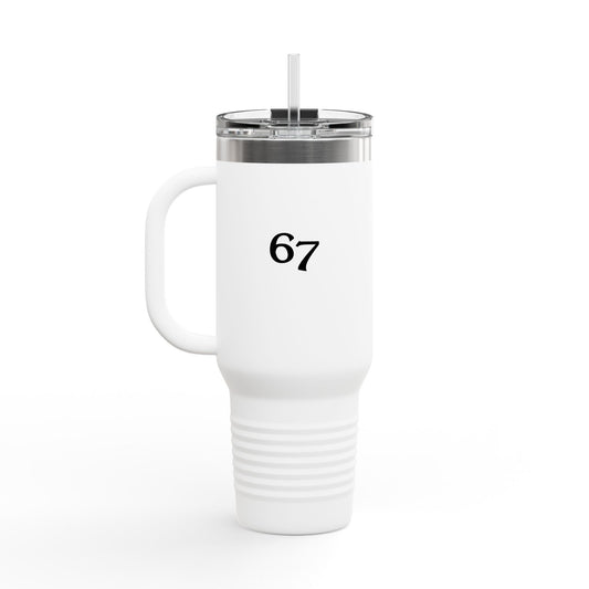 67 Insulated Travel Mug, Personalized 40oz, Perfect for Hot or Cold Drinks, Great Gift for Adventurers, Road Trips, and Work!